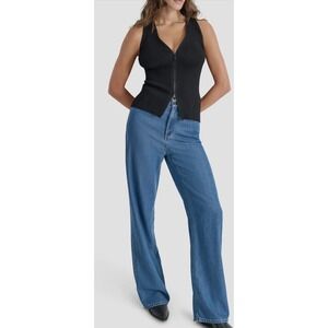 DKNY Tank Top Women XL Black Ribbed Knit Full Zip V-Neck Sleeveless sweater vest